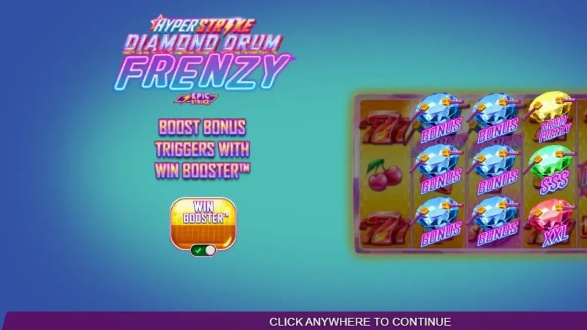 Tampilan antarmuka seluler slot Hyper Strike Diamond Drum Frenzy dengan grafis neon yang cerah