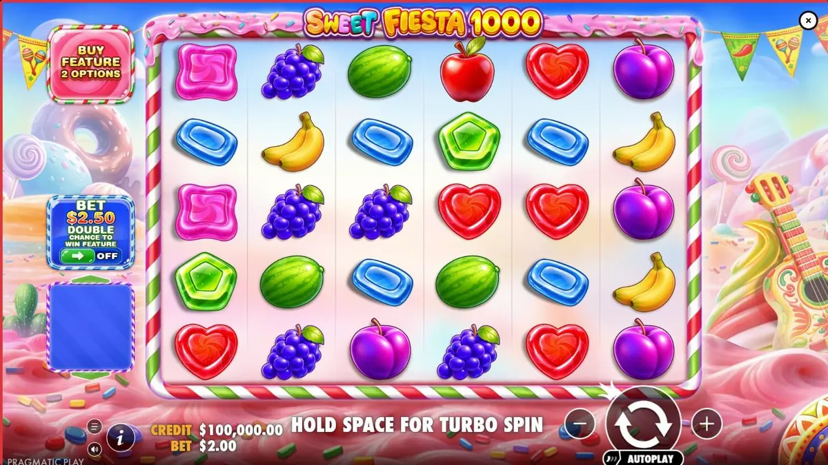 Tampilan visual penuh warna dari slot Sweet Fiesta 1000 dengan tema karnaval Meksiko dan permen.